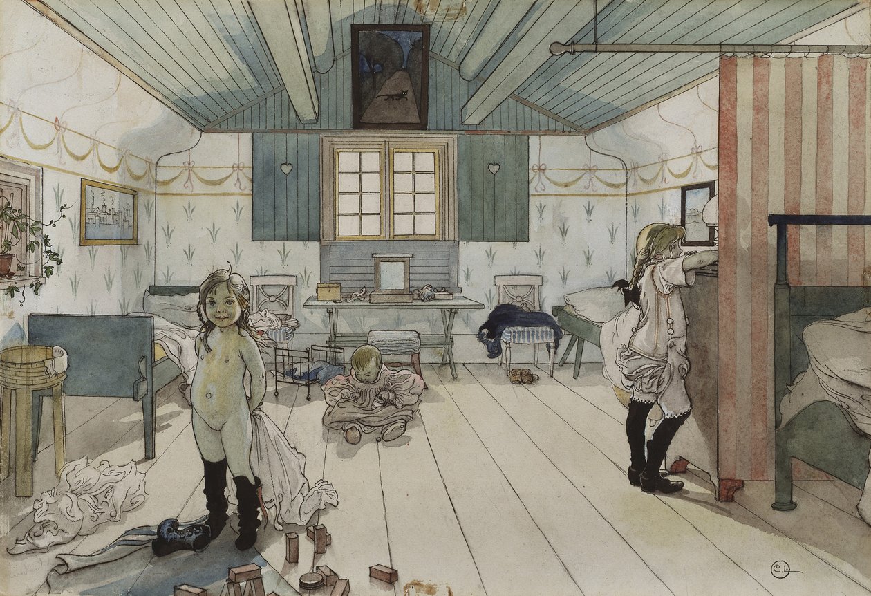 Mammas and the Small Girls Room, ze série A Home, kolem roku 1895 (wc na papíře) od Carl Larsson