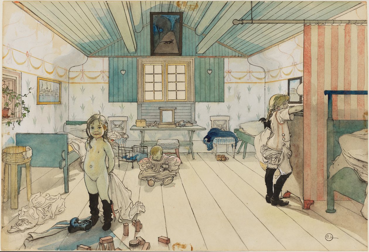 Pokoj matky a malých dívek. Z díla Domov (26 akvarelů) od Carl Larsson