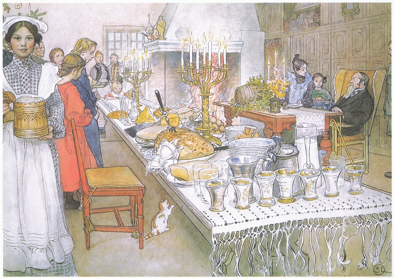 Na Štědrý den je obrovský dlouhý stůl ve velkém sále zcela pokrytý jídlem (barevná litografie). od Carl Larsson