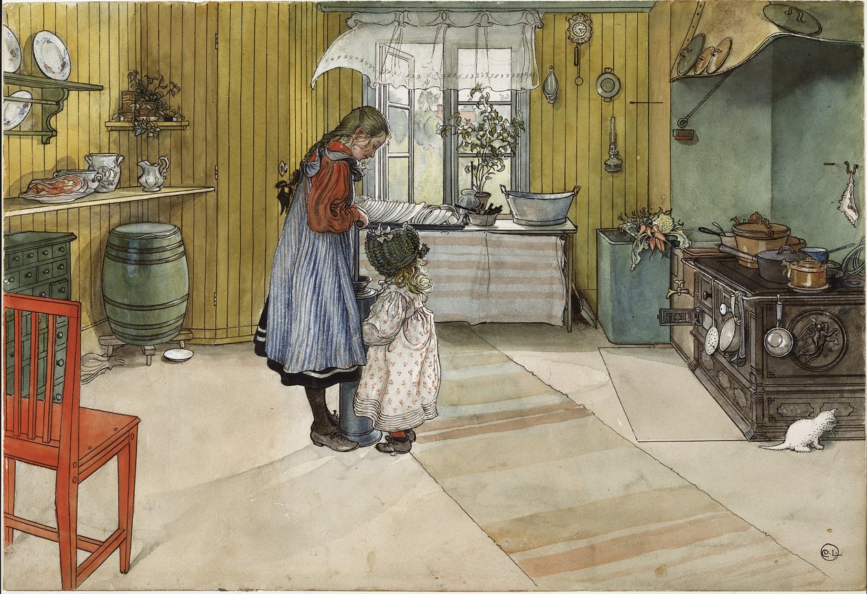 The Kitchen, ze série A Home, kolem roku 1895 (wc na papíře) od Carl Larsson