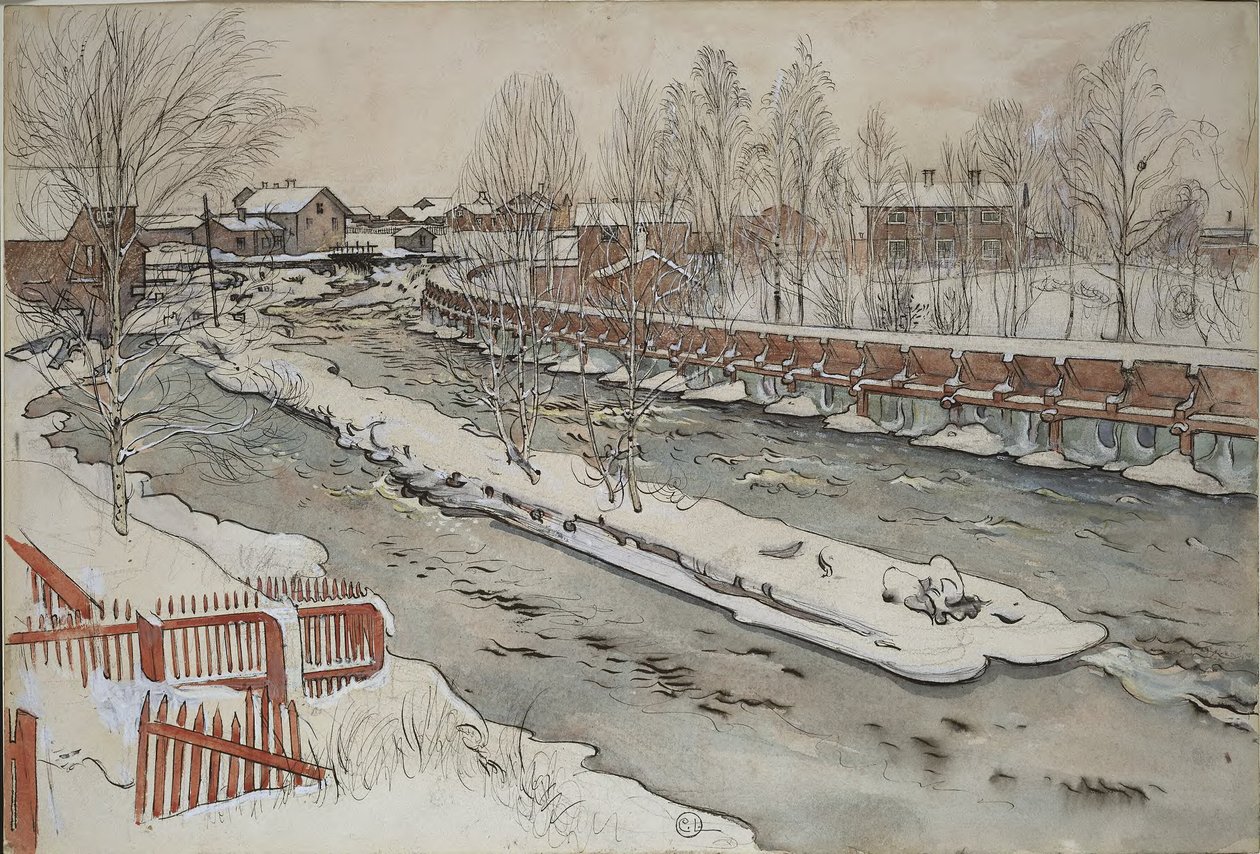 Dřevěný skluz. Zimní scéna. Ze sbírky „A Home“ (26 akvarelů) od Carl Larsson
