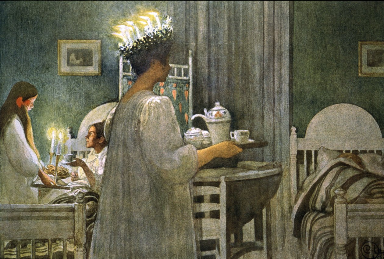 mladá dívka s korunou svíček na vlasech během dne Svaté Lucie, ilustrace 1916 od Carl Larsson