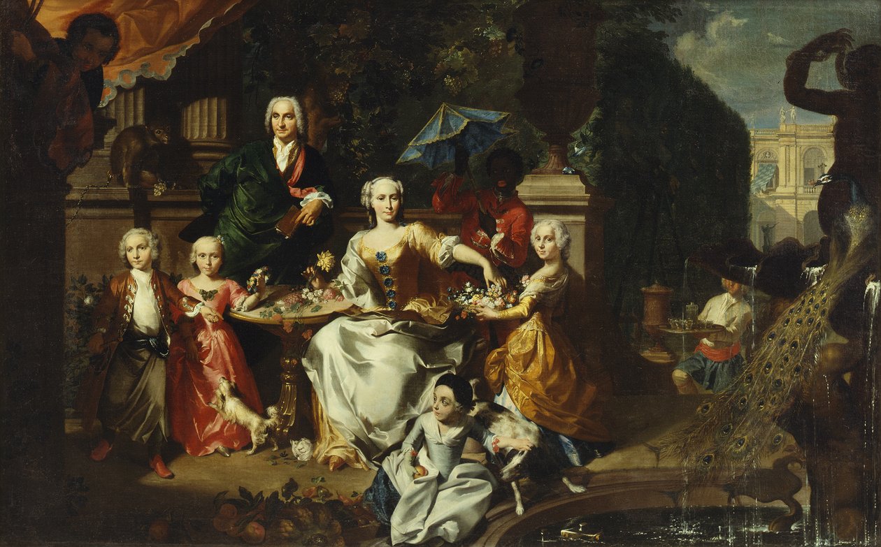 Rodinná skupina na terase v areálu vily, možná George Jackson a jeho rodina, 1737 od Carl Marcus Tuscher