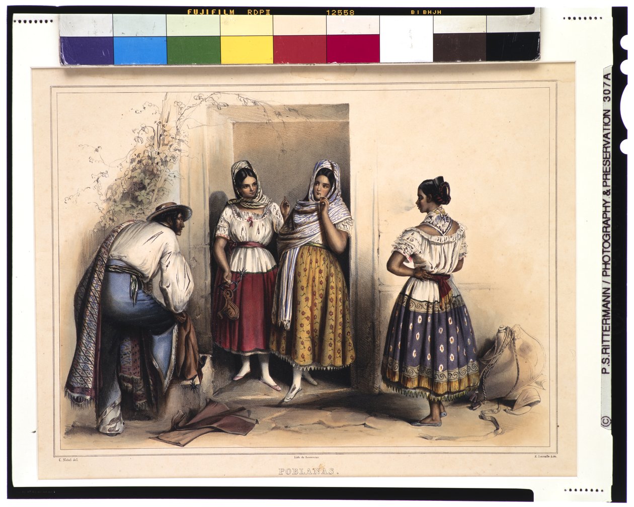 Ženy z Puebla, po roce 1836 (barevné lito) od Carl Nebel