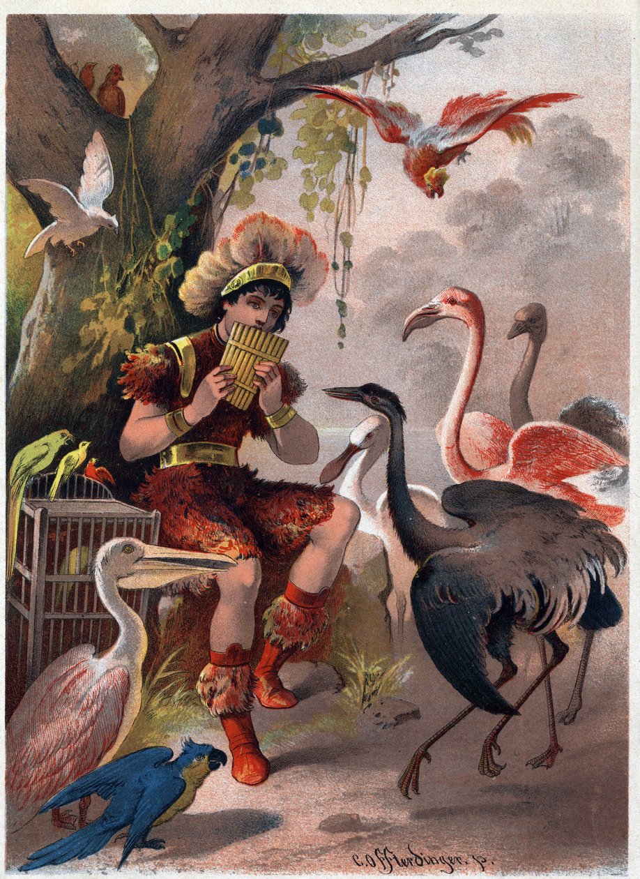 Papageno s pánvovou flétnou přináší ptáky z lesa. Ilustrace Carl Offterdinger (1829-1889) ve filmu „Začarovaná flétna“ (Die Zauberflote, flauto magico, Kouzelná flétna). Soukromá sbírka. od Carl Offterdinger