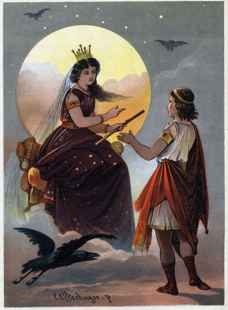 Princ Tamino před okouzlující Královnou noci a nabízí její dceru k sňatku, pokud se mu podaří ji vyrvat z rukou krutého Sarastra. Ilustrace Carl Oftterdinger (1829-1889) ve filmu „Začarovaná flétna“. (Die Zauberflote, f od Carl Offterdinger