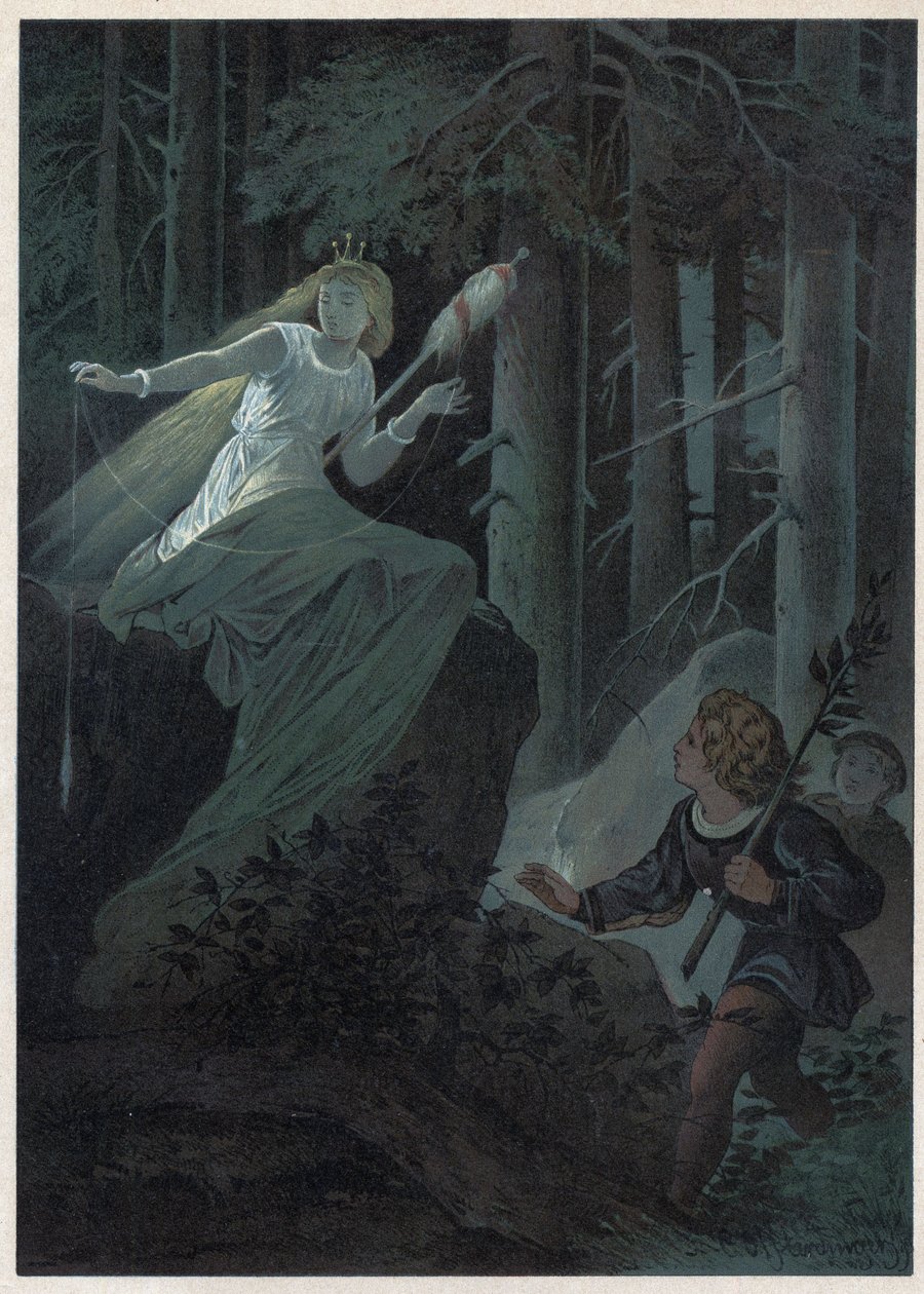 Poplatek utíkající se zlatým vřetenem zpíval osud zlatého knoflíku. Ilustrace Carl Oftterdinger (1829-1889) v „“ Bouton d