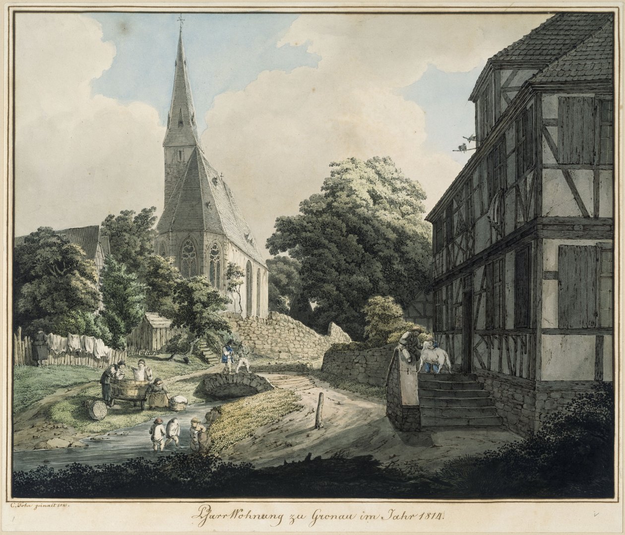 Fara a kostel v Gronau v roce 1814 od Carl Philipp Fohr