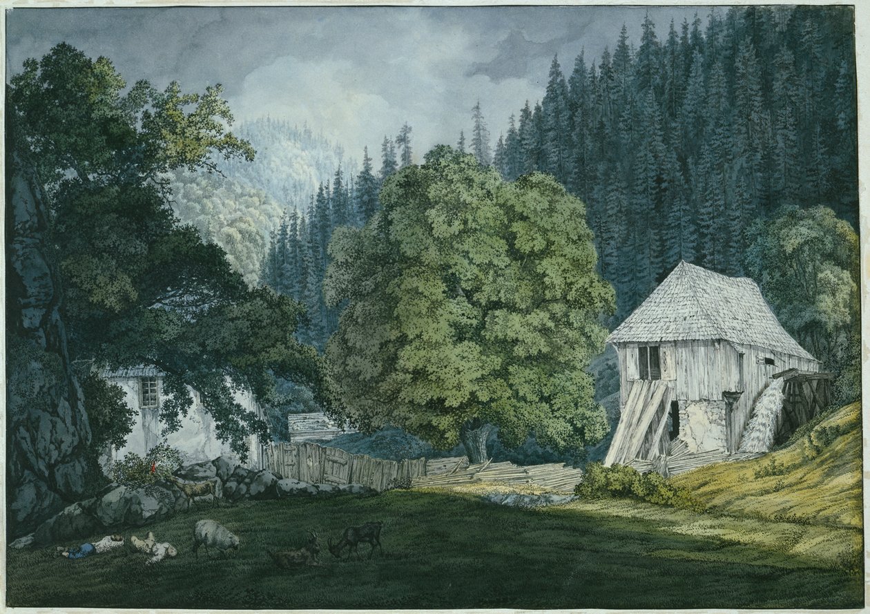 Mlýn v údolí Beuerner Thale (list 8 ze skicáře od Carl Philipp Fohr