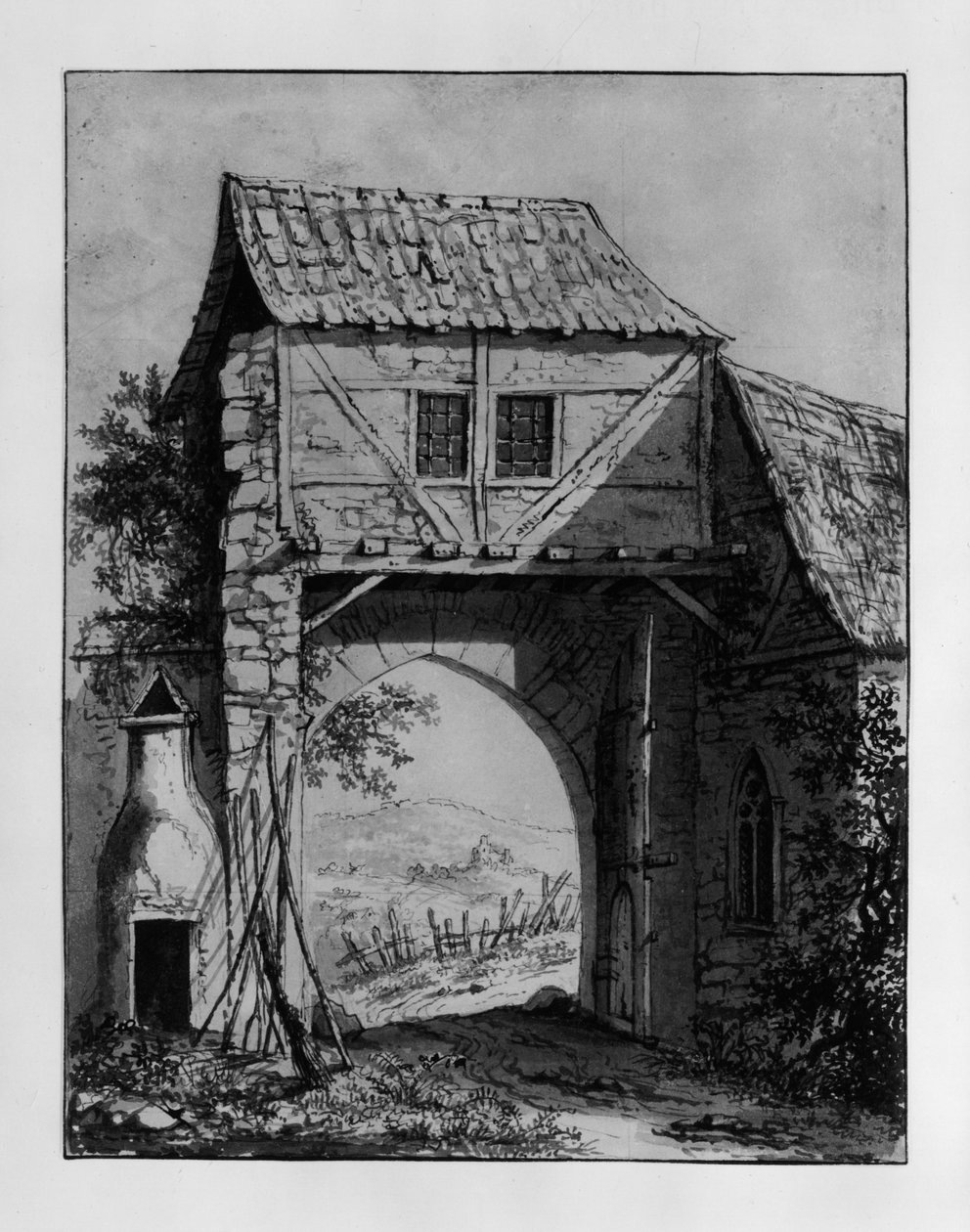 Brána s průhledem do krajiny se zříceninou od Carl Philipp Fohr