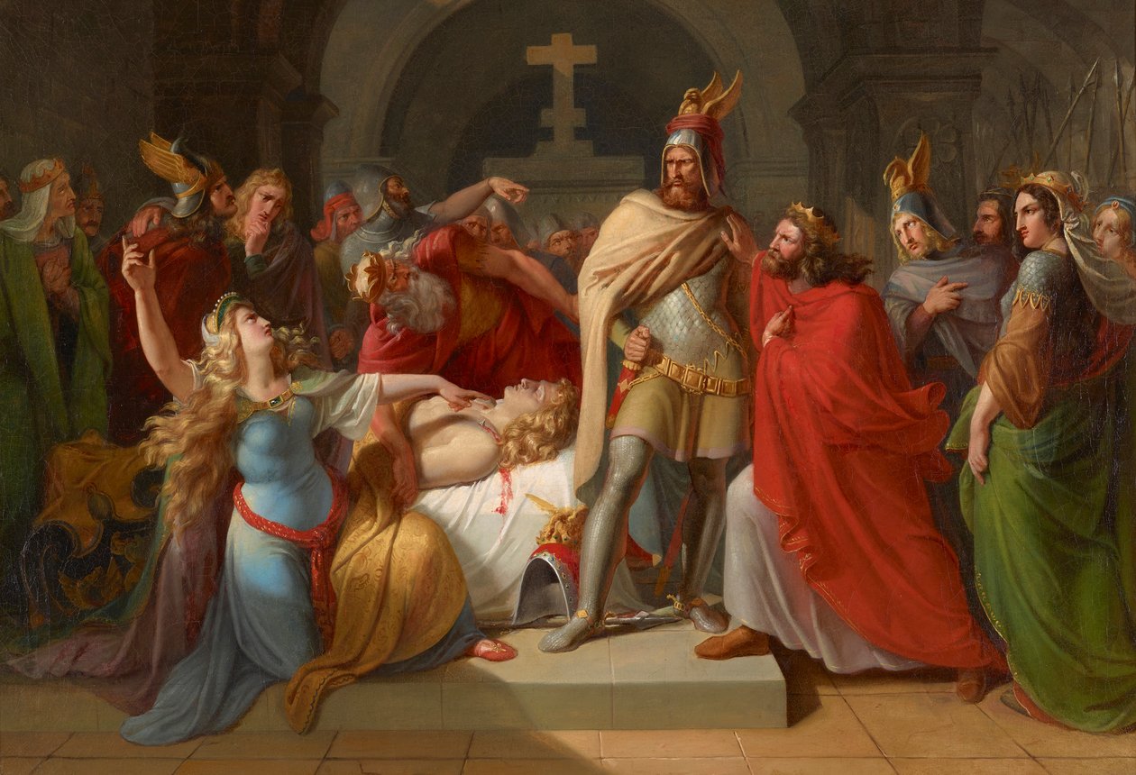 Kriemhild u Siegfriedova těla prohlásí Hagena za svého vraha a přísahá pomstu, 1835. od Carl Rahl