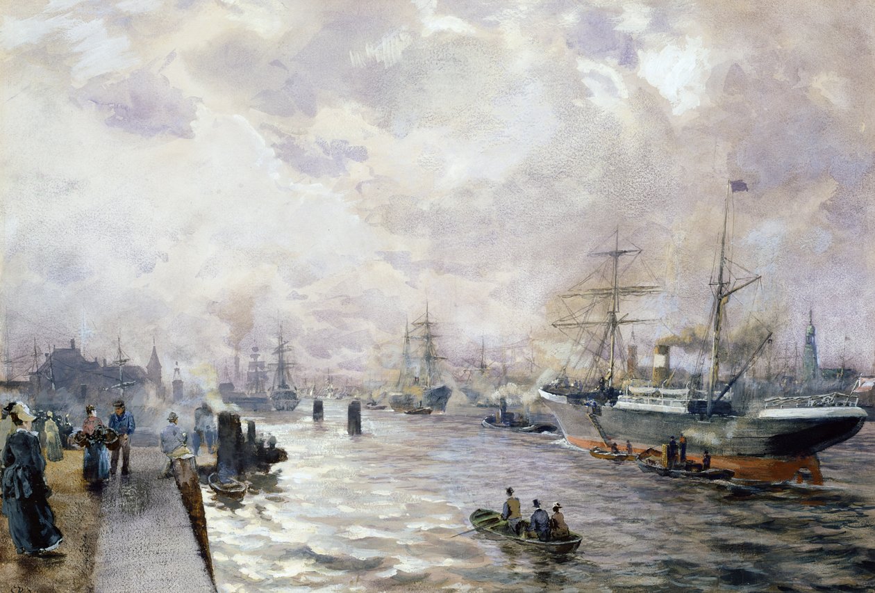 Plachetnice v přístavu Hamburk, 1889 (wc a kvaš na papíře) od Carl Rodeck