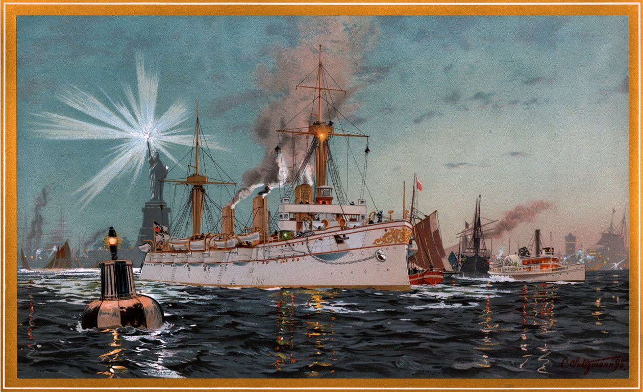 Císařovna Augusta opouští New York, chromolitografie C. Saltzmann 95, č. 13 z knihy G. Wislicenus, Unsre Kriegsflotte od Carl Saltzmann