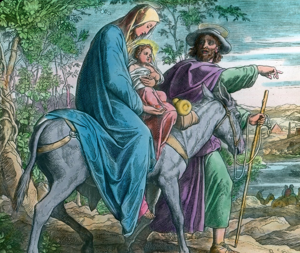 Útěk do Egypta. Biblická ilustrace (nedatovaná) od německého malíře Julia Schnorra von Carolsfeld (1794-1872). Datum vyobrazení: kolem roku 1900. Archiv Carla Simona od Carl Simon