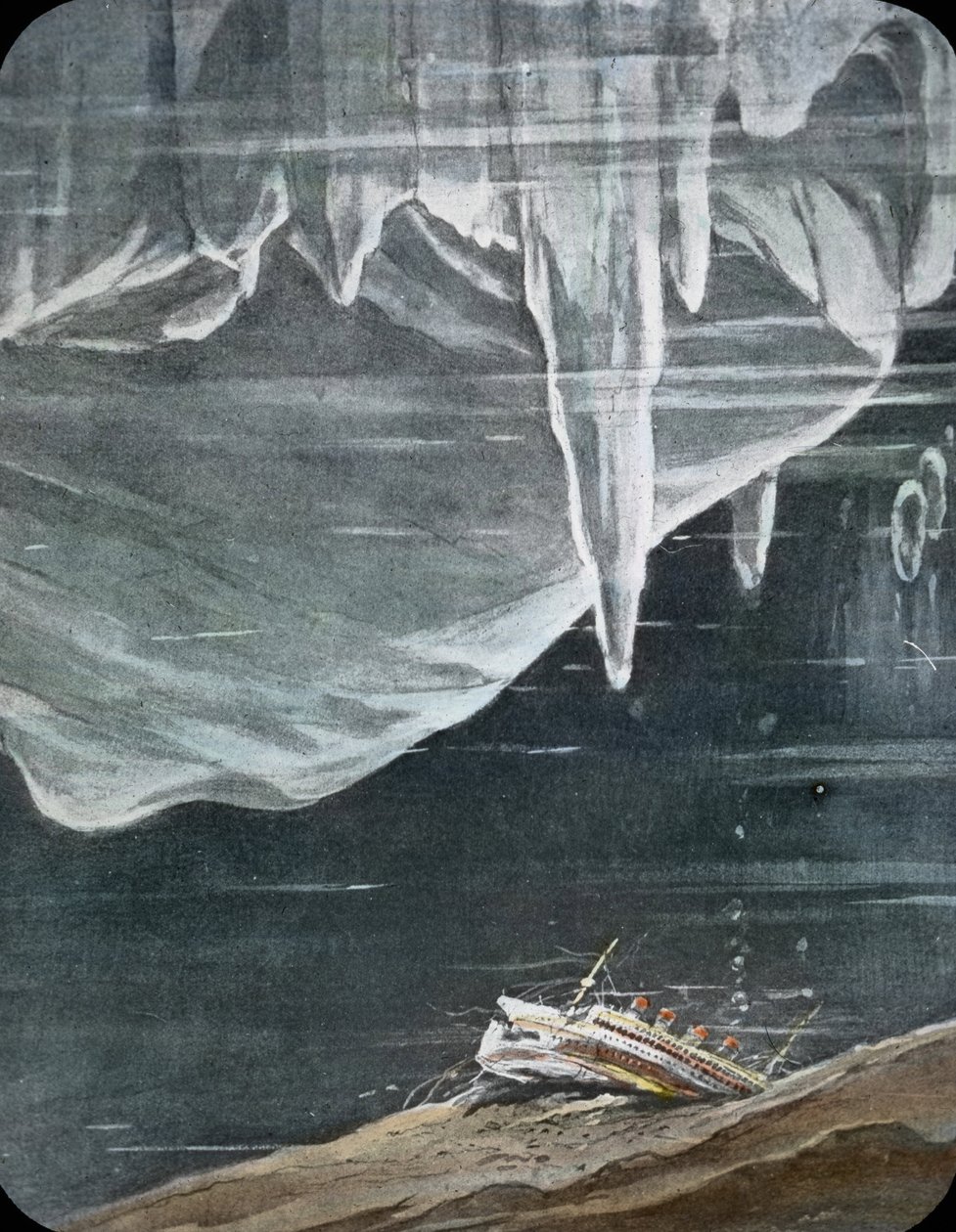 The maiden voyage of the Titanic 1912, Titanic disaster, ilustrace, potopení Titaniku, historie, historické, ilustrace, Carl Simon, ručně kolorované sklíčko od Carl Simon