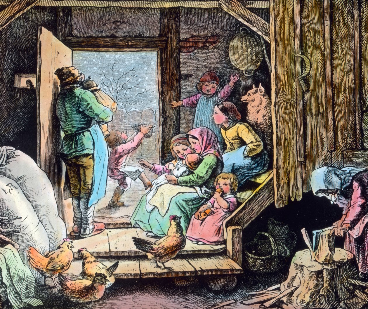 Zima se blíží s prvním sněhem. Grafika (nedatovaná) německého malíře a grafika Fritze Richtera (1904-1981). Datum vzniku obrázku: kolem roku 1930. Archiv Carla Simona od Carl Simon