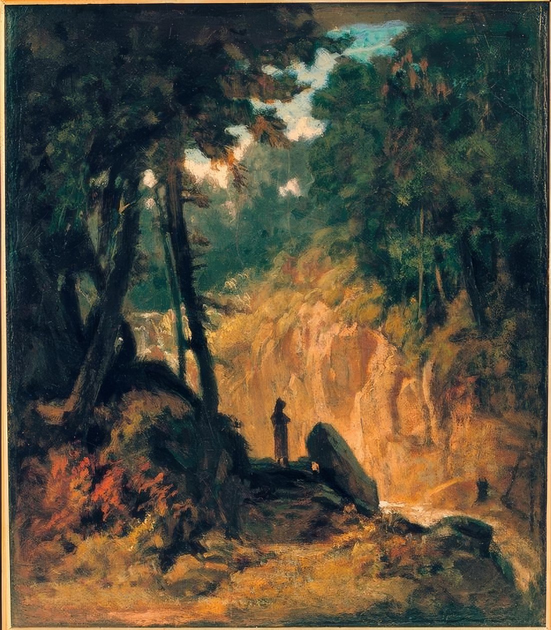 Zalesněná krajina s vodopádem, na břehu s Kapuzinerm od Carl Spitzweg