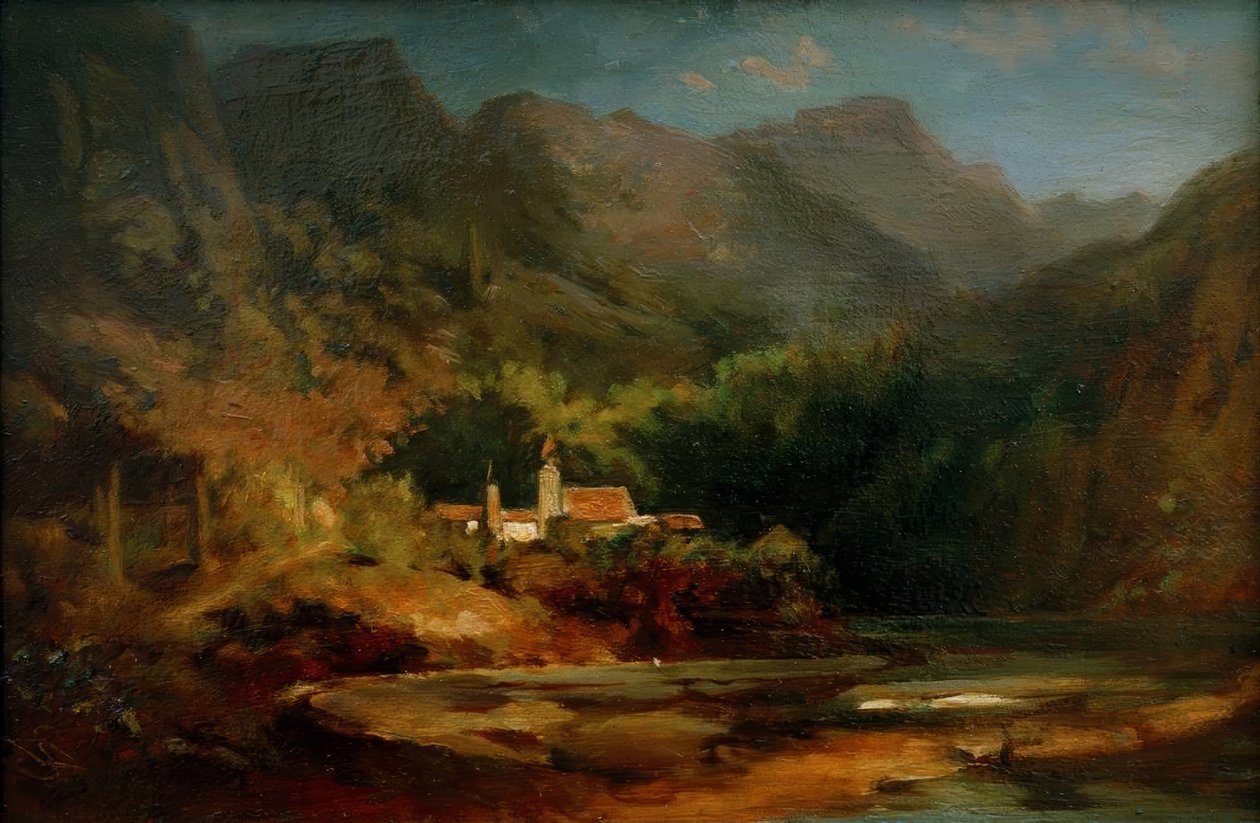 Vesnice na jezeře v horském údolí od Carl Spitzweg