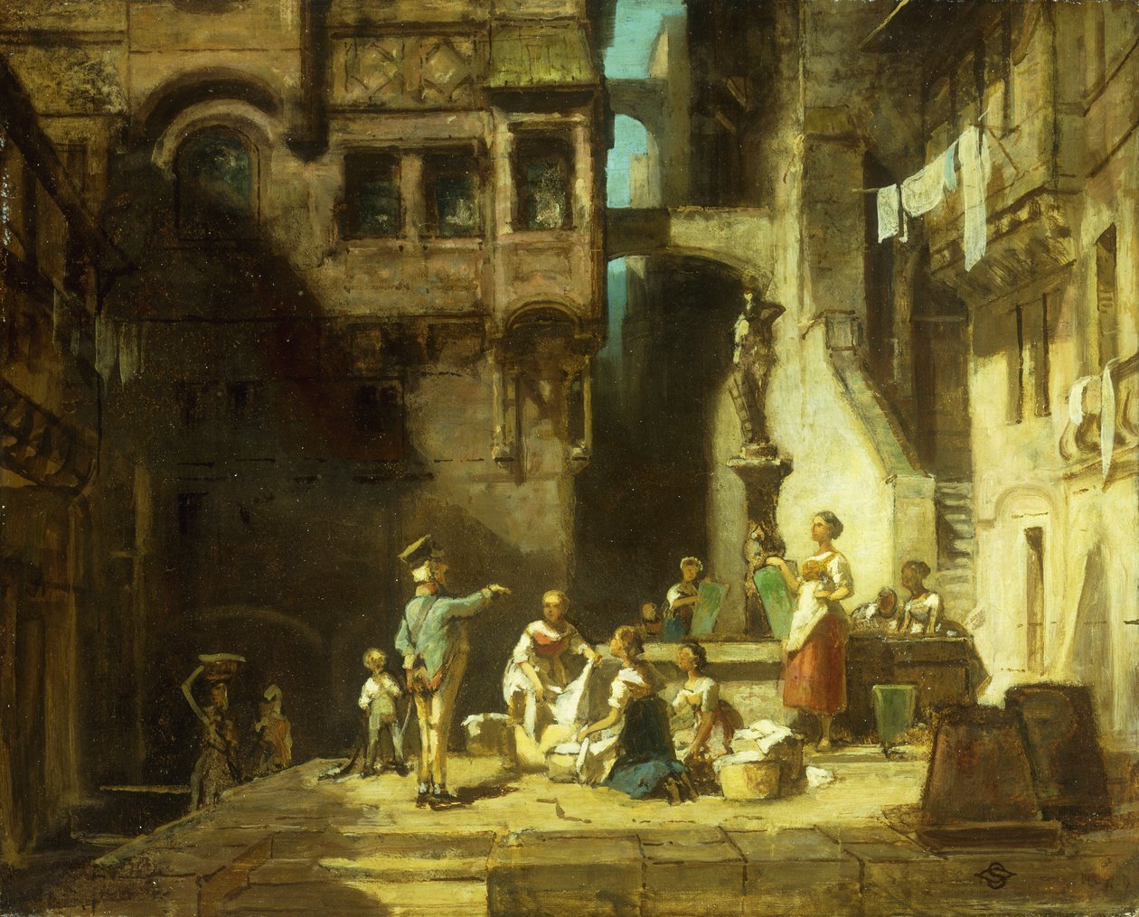 Prádelny u studny; Wascherinnen am Brunnen, kolem roku 1860 od Carl Spitzweg