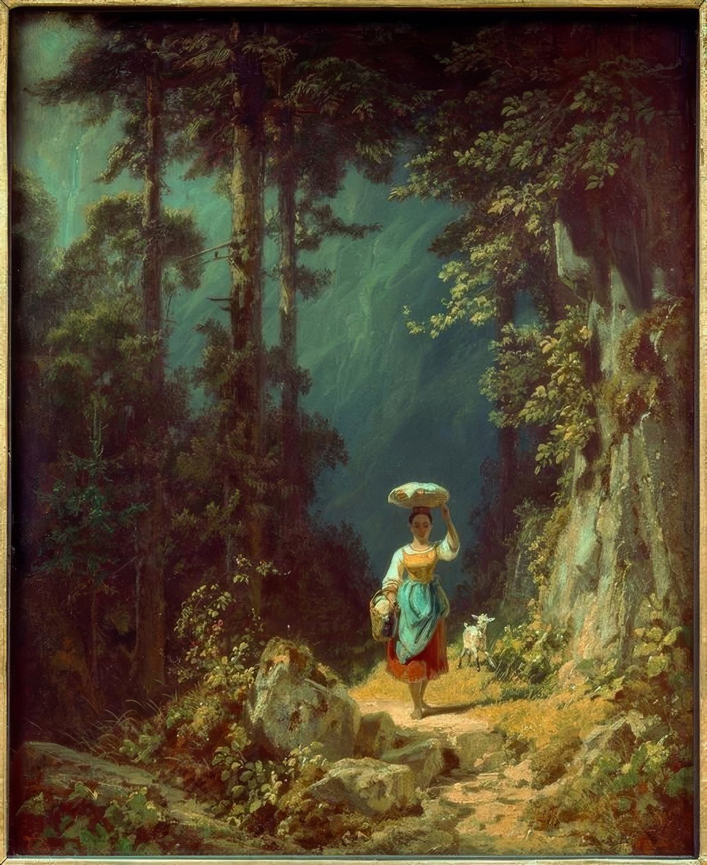 Dívka s kozou v horském údolí I. od Carl Spitzweg