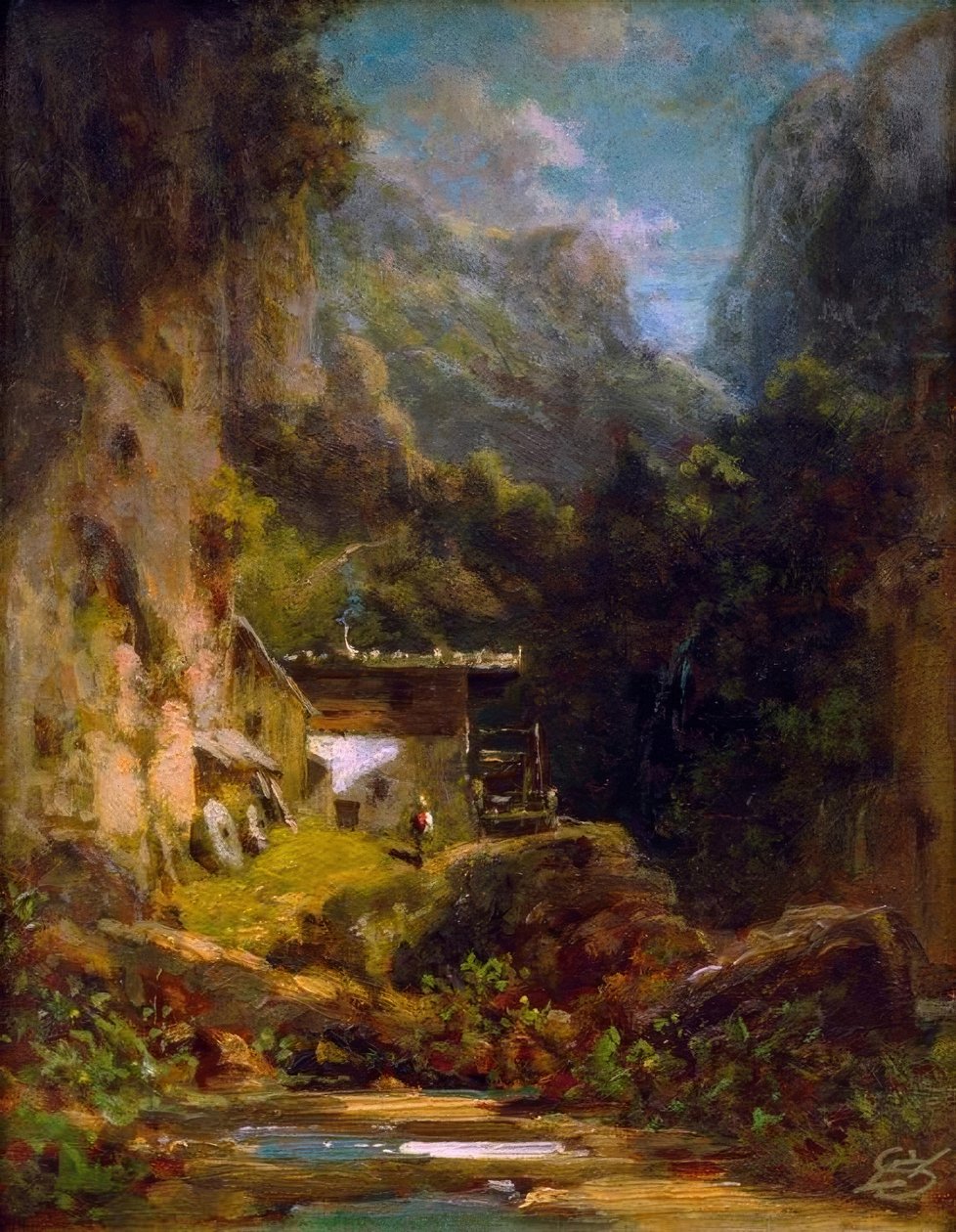 Mlýn v lesní rokli s postavou od Carl Spitzweg