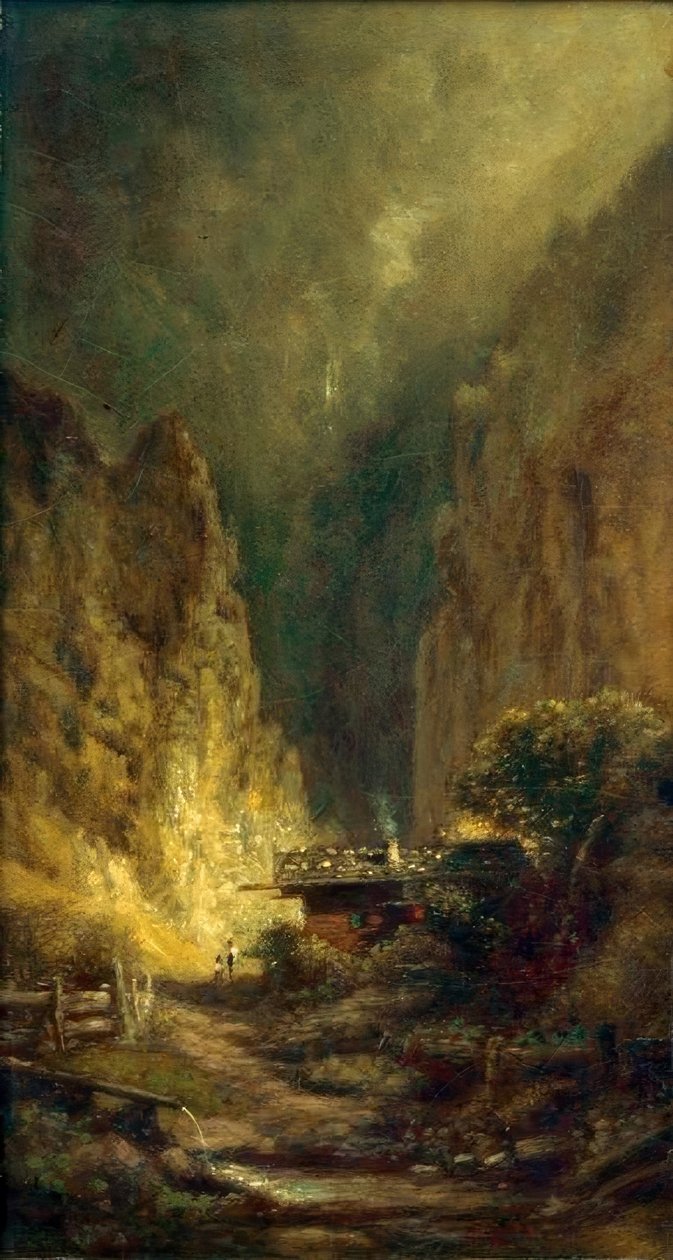 Mlýn před skalnatou roklí se dvěma postavami od Carl Spitzweg