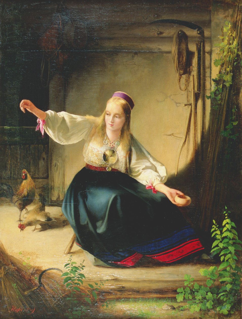 Dívka krmící slepice, 1839 od Carl Timoleon von Neff
