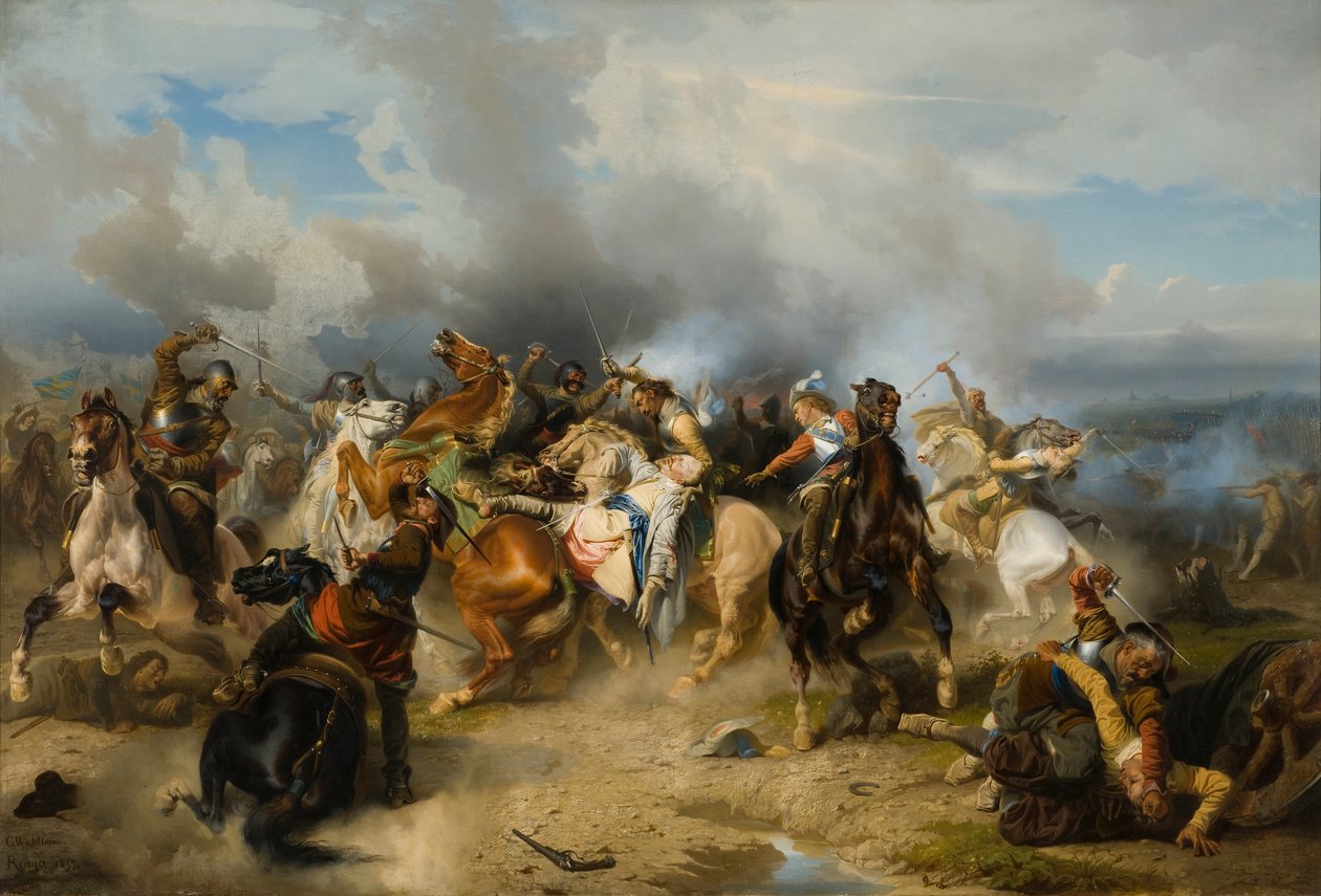 Smrt švédského krále Gustava II Adolfa v bitvě u Lützenu, 1855 od Carl Wahlbom