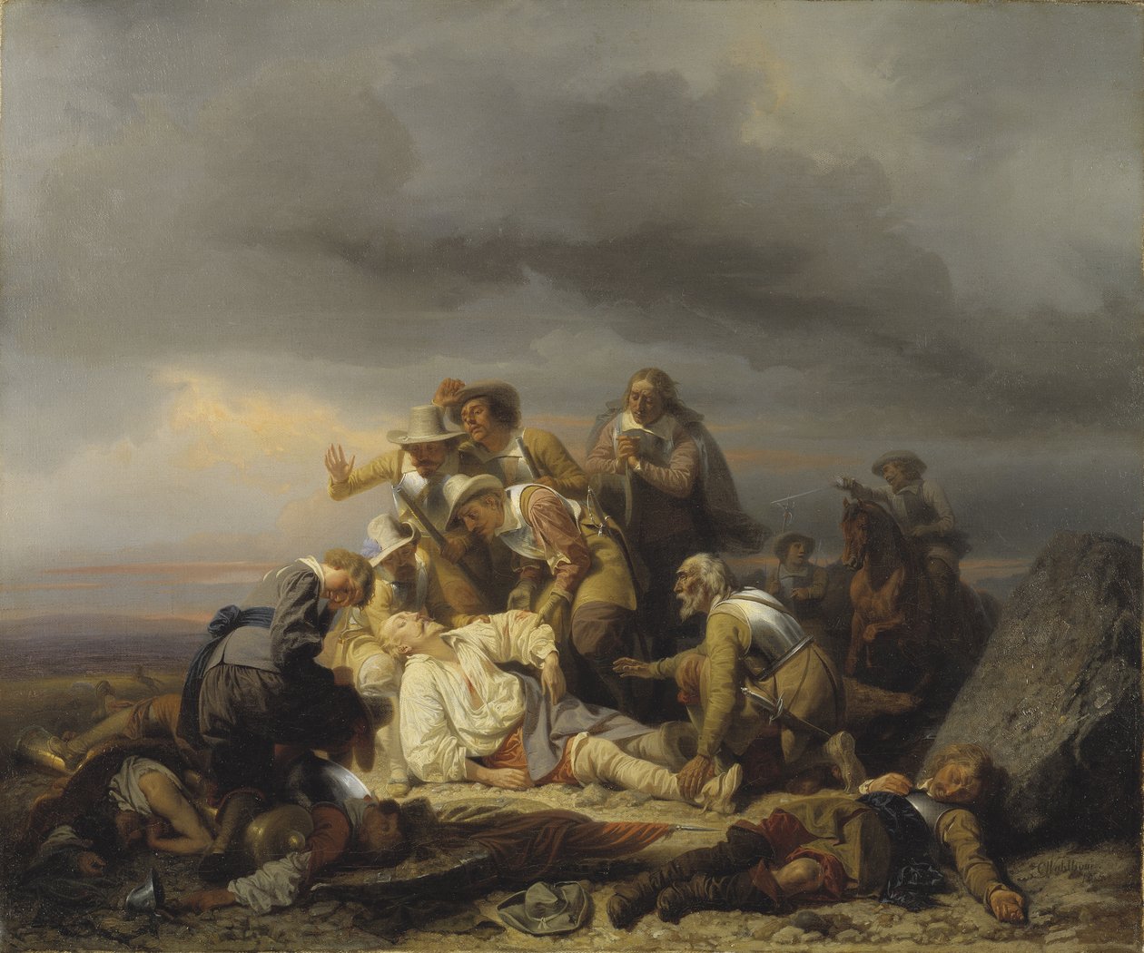 Nalezení těla švédského krále Gustava II. Adolfa (1594-1632) známého jako Veliký nebo Lev severu, který zemřel v bitvě u Lutzenu, 6. listopadu 1632 - Nalezení těla švédského krále Gustava II. Adolfa po bitva u Luetze, Wahlbom, Carl (1810- od Carl Wahlbom