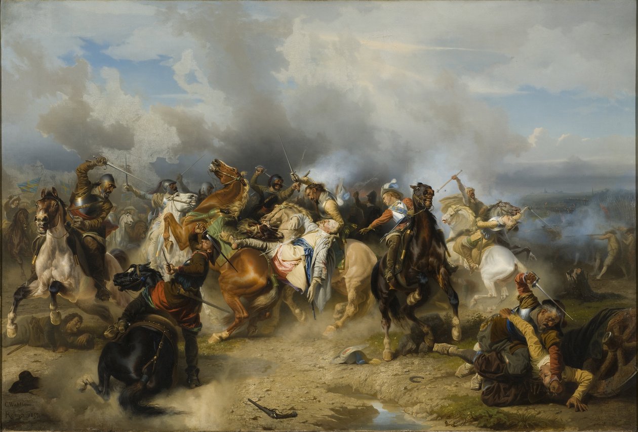 La mort du roi Gustave II Adolphe de Suede (1594-1632) dit le le Grand ou le Lion du Nord, a la bataille de Lutzen, le 6. listopadu 1632 - Smrt švédského krále Gustava II Adolfa v bitvě u Luetzen dne 6. listopadu 1632, Wahlbom, Carl (1810-1858). Olej zapnu od Carl Wahlbom