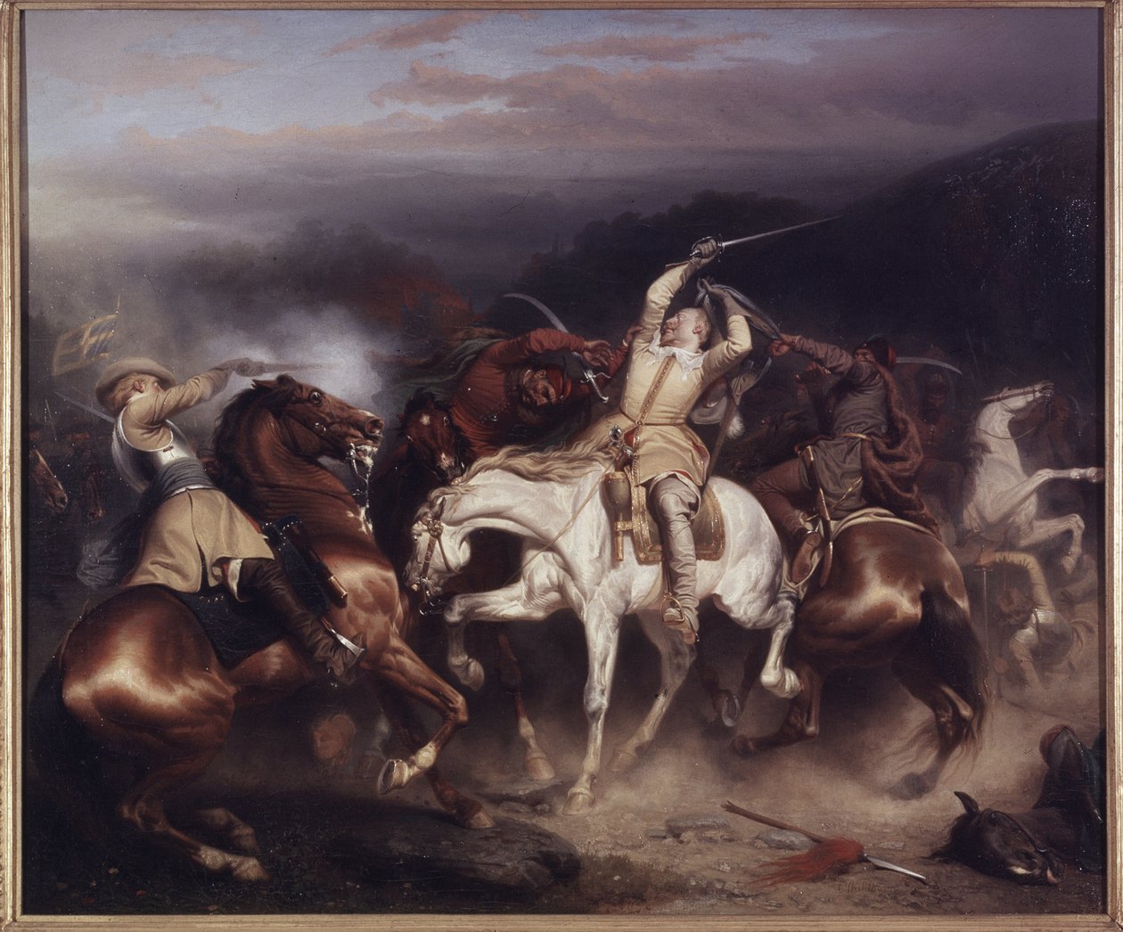 Švédský král Gustav II. Adolf, známý jako Velký nebo Severní lev, v bitvě u Trzciany (nebo bitvě u Honigfelde nebo Sztum) červen 1629 – švédský král Gustav II. Adolf (1594-1632) u Stuhm, Wahlbom, Karl (1810-1858). olej na plátně od Carl Wahlbom