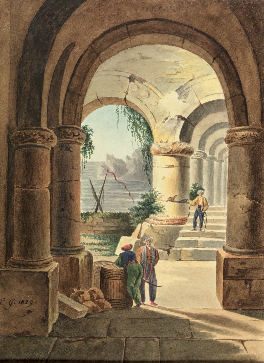 Pohled na moře přes klášter, 1829 (wc na kartonu) od Carl Wilhelm Goetzloff
