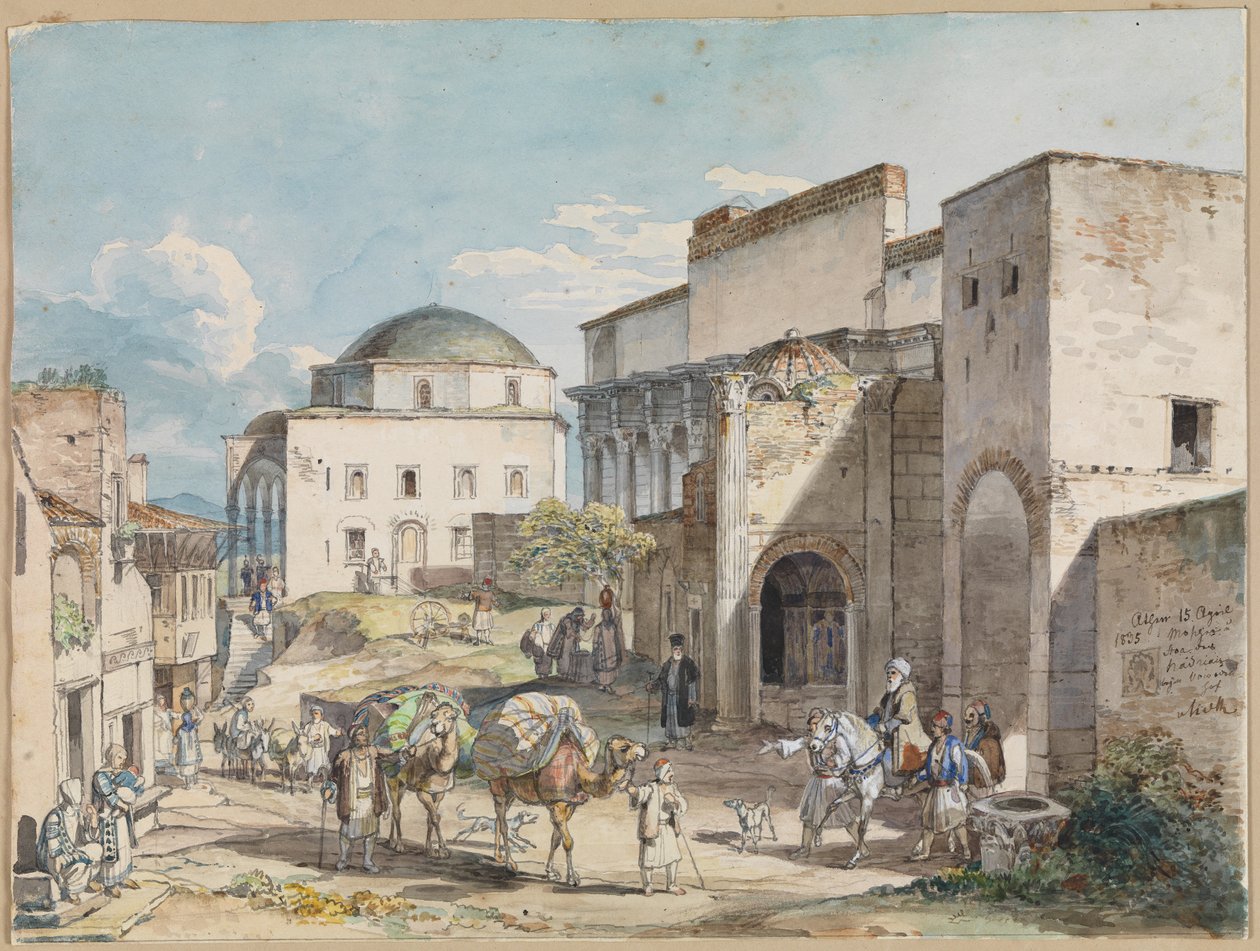 Street party v Aténách. S palácem Hadji Hazekis a mešitou Tzistarakis od Carl Wilhelm Heideck