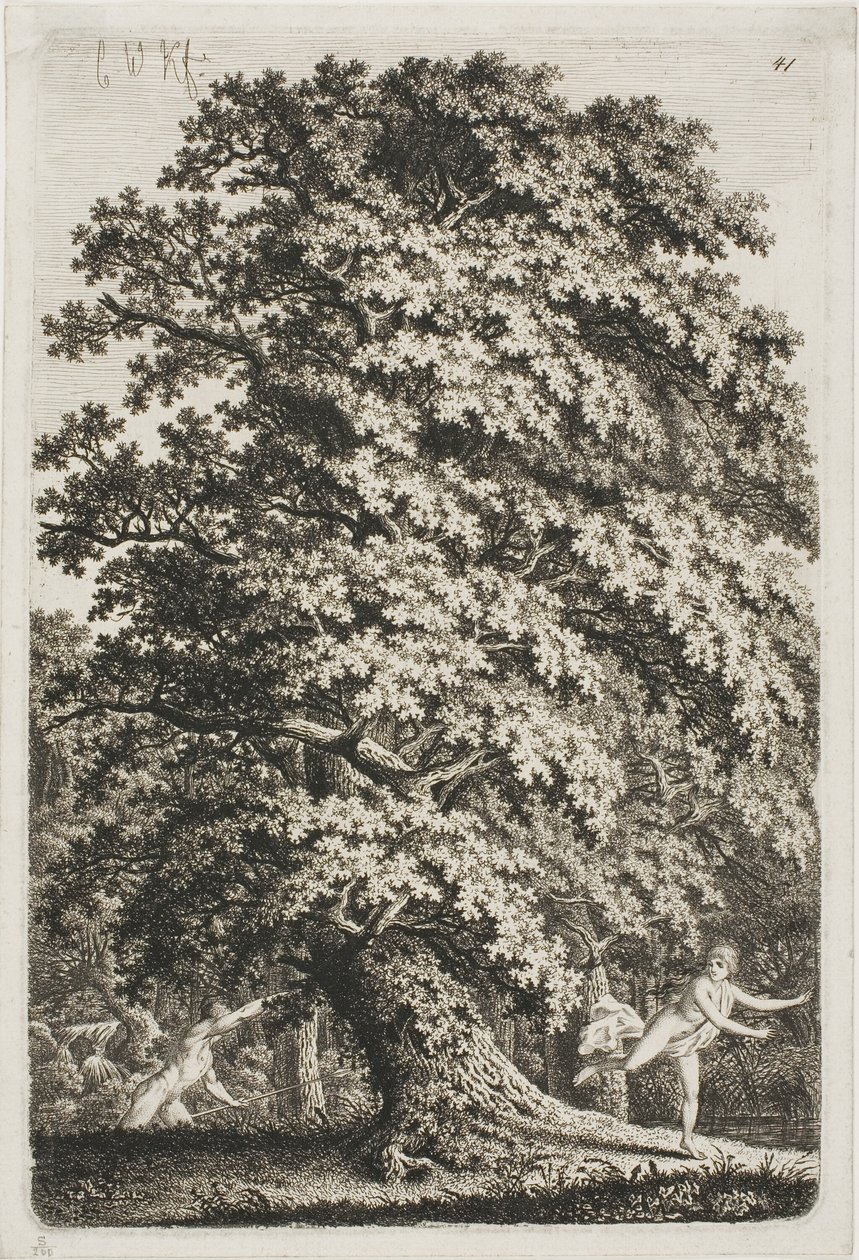 Žena prchající před mužem s kopím v lese od Carl Wilhelm Kolbe the elder