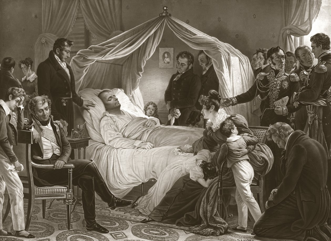 Napoleon na smrtelné posteli, 5. května 1821, hospoda. rytina. od Carl von Steuben