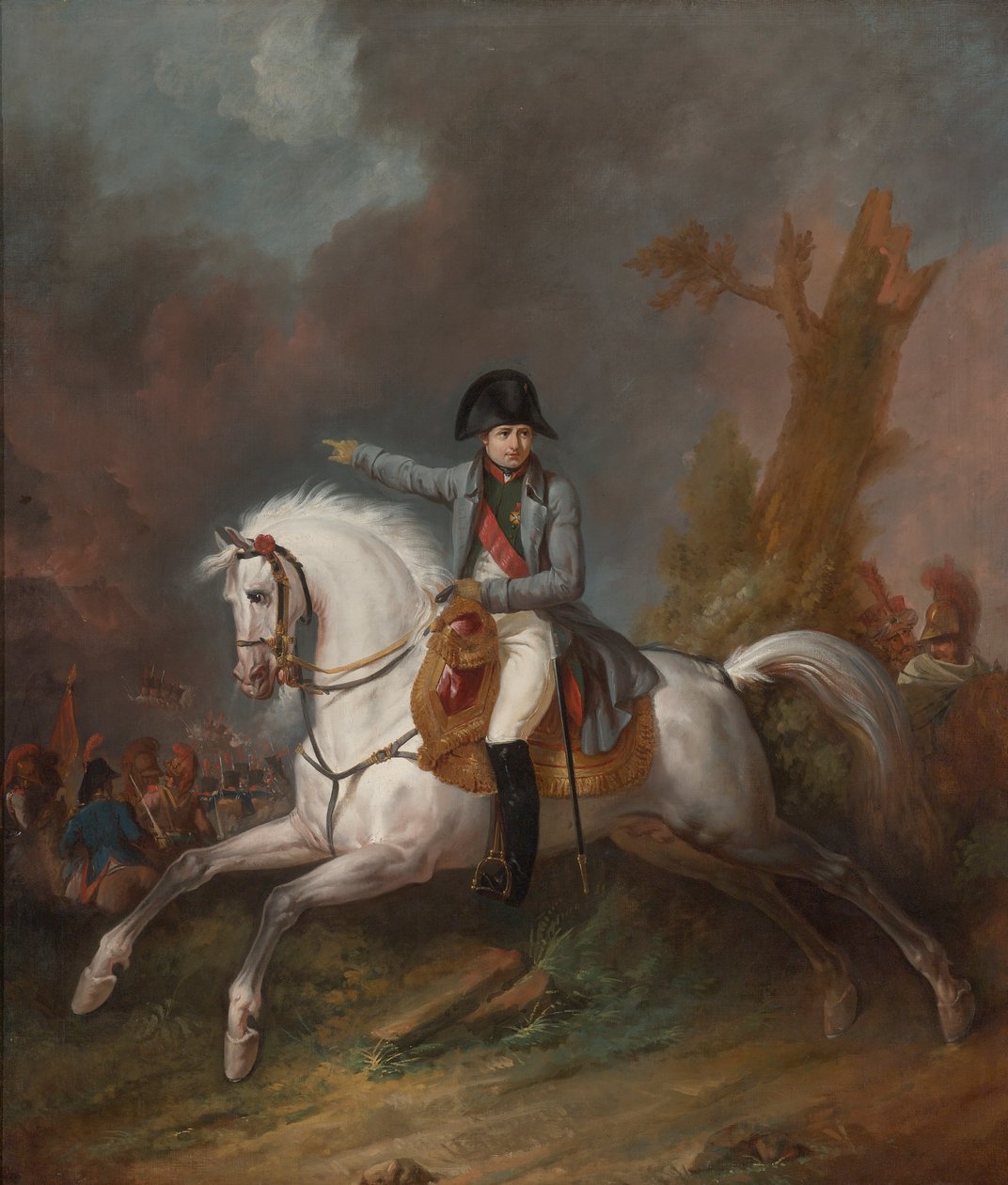 Jezdecký portrét císaře Napoleona s bitvou mimo ni od Carle Vernet