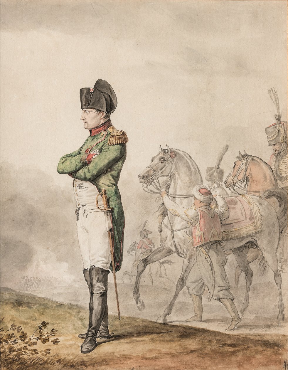 Keisari Napoleon Bonaparte I (1769-1821) Austerlitzissä (kynä ja akvarelli korostettu valkoisella) od Carle (attr. to) Vernet