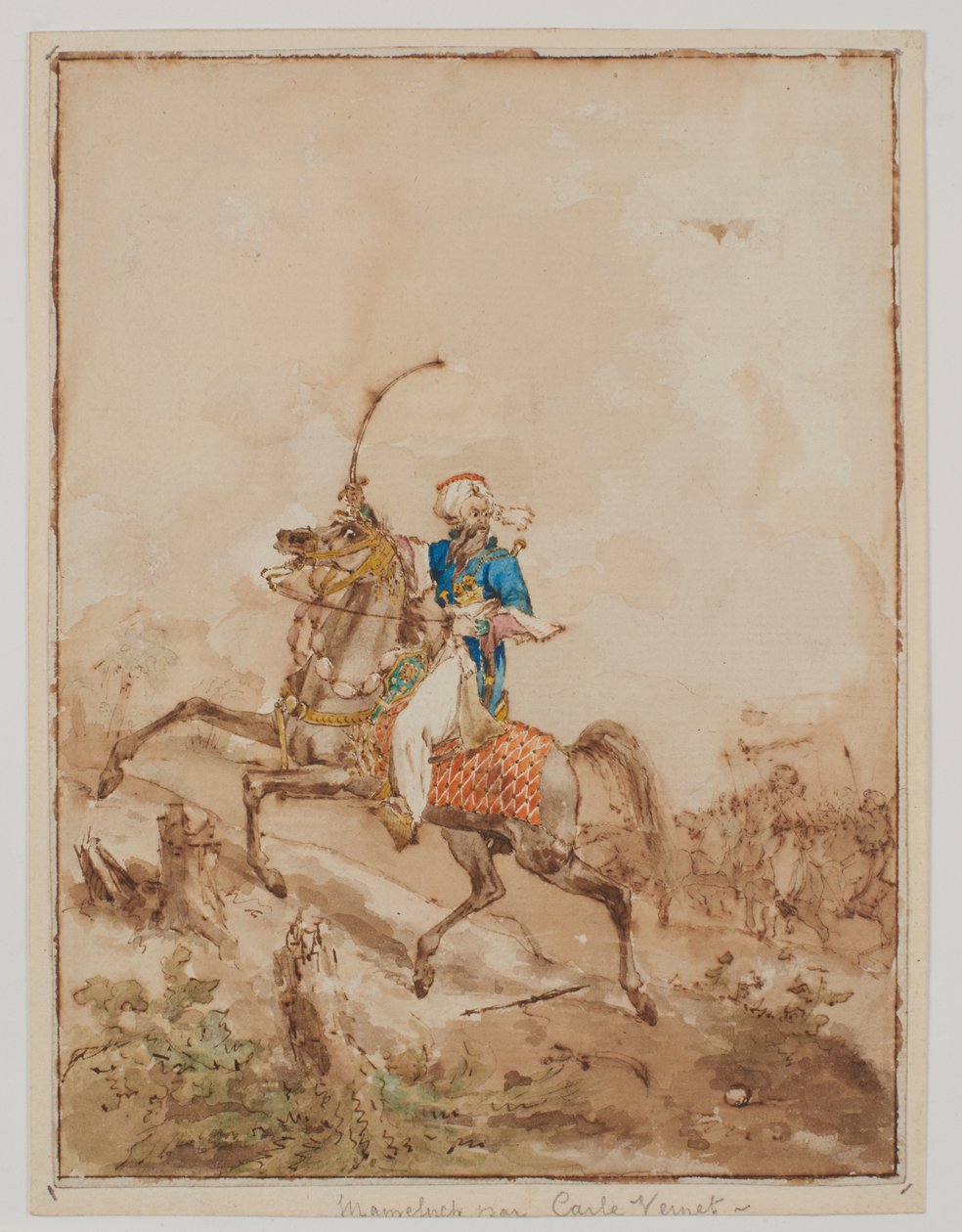 Arab na koni (akvarel, štětec, hnědá barva, pero a hnědá tuš) od Carle Vernet