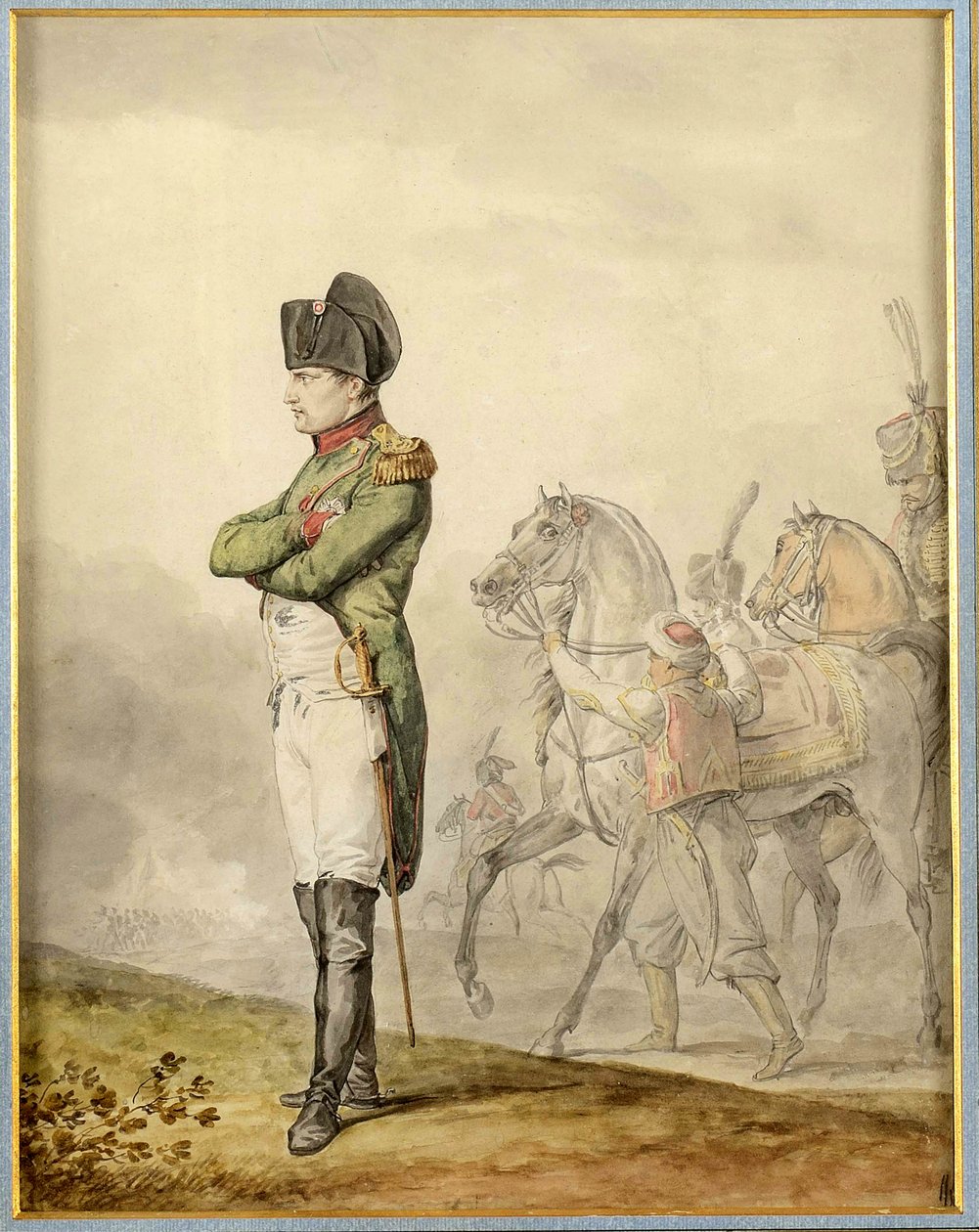 Napoleon a Austerlitz (1805) - Napoleon u Slavkova, Vernet, Carle (1758-1836). Akvarel na papíře. Soukromá sbírka od Carle Vernet