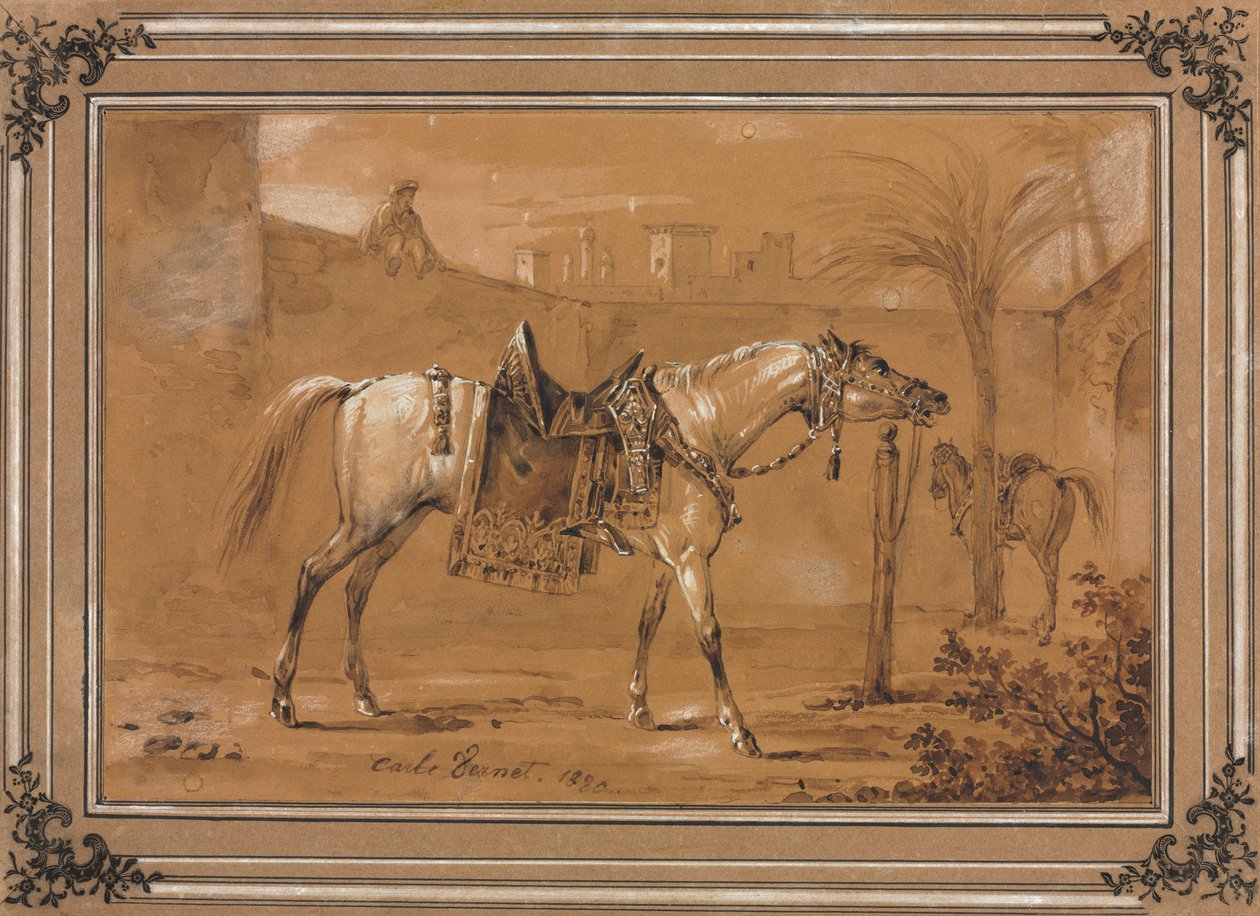 Osedlaný arabský kůň na nádvoří, 1820. od Carle Vernet