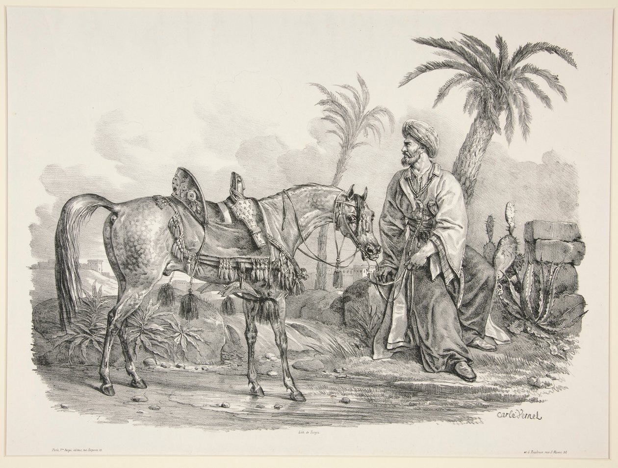 Sedící Arab držící uzdu arabského koně od Carle Vernet