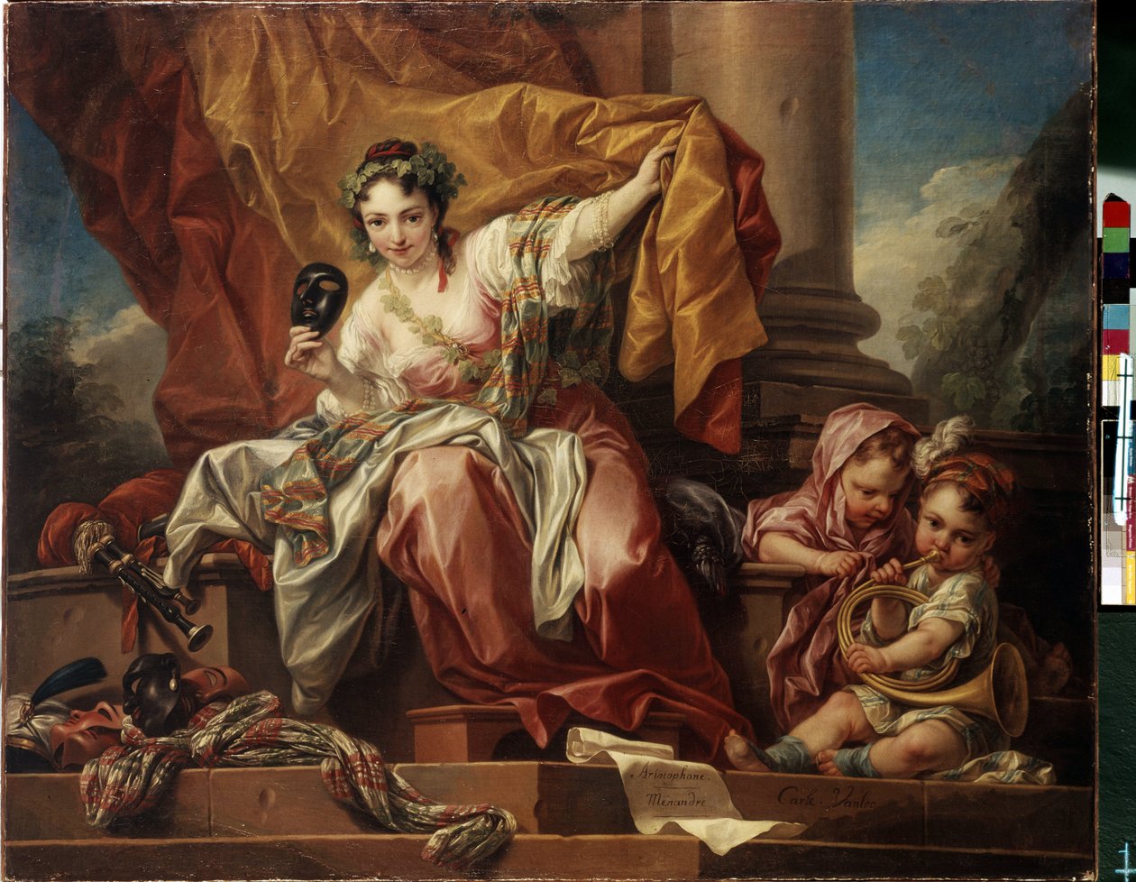 Alegorie komedie. Obraz Carle Van Loo (1705-1765). Olej na plátně od Carle van Loo