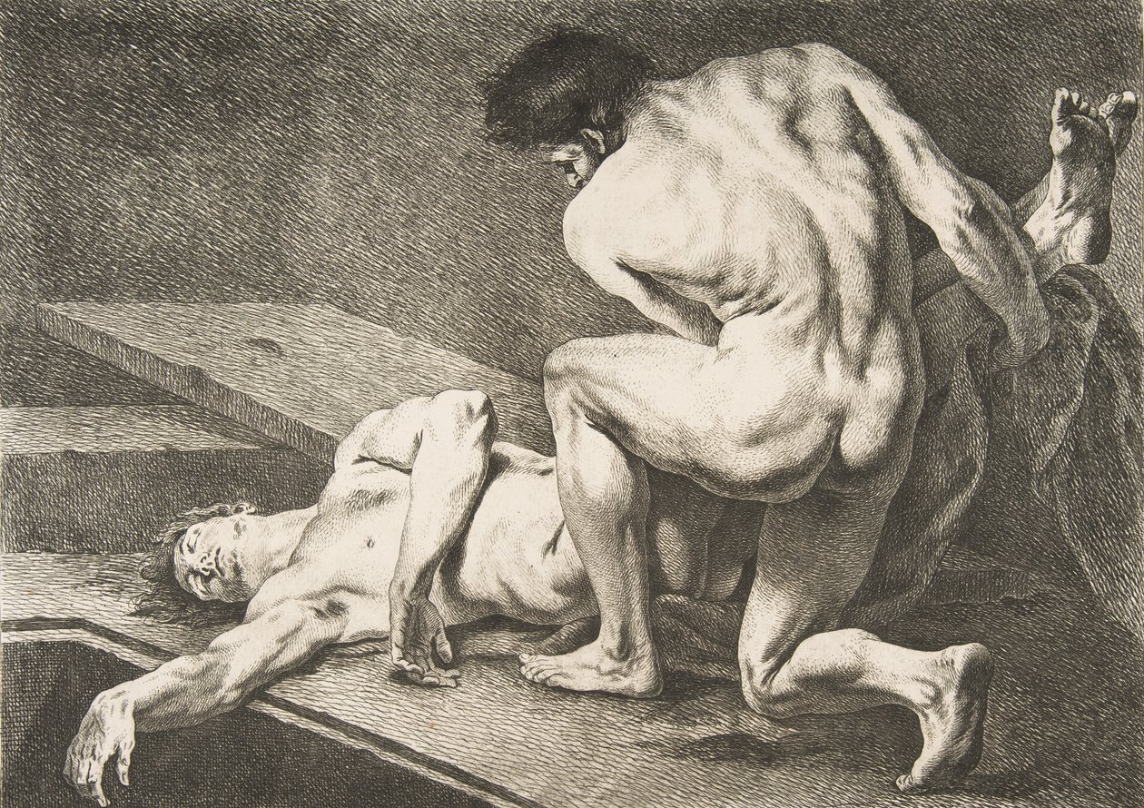 An Académie: Jeden muž zvedá nohy jiného muže, 1742-43. od Carle van Loo