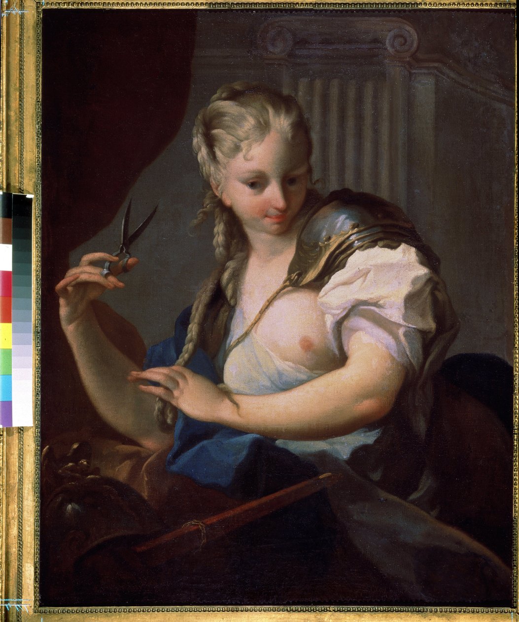 Johanka z Arku (1412-1431), která si stříhala cop nůžkami (Johanka z Arku). Obraz Carle Van Loo (1705-1765). Olej na plátně, 94,5 x 73 cm od Carle van Loo