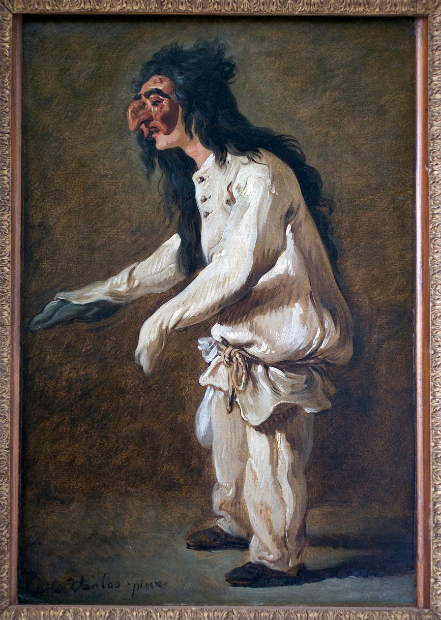 Polichinella (Pulcinella). Obraz Carle Van Loo (1705-1765), Olej na plátně od Carle van Loo