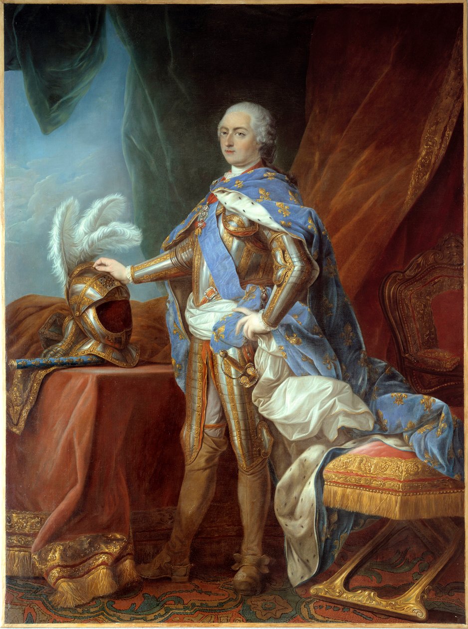 Portrét na nohou Ludvíka XV (1710-1774), v brnění, ruka umístěná na přilbě. Obraz Carle Van Loo (1705-1765), olej na plátně (271 x 193 cm) od Carle van Loo