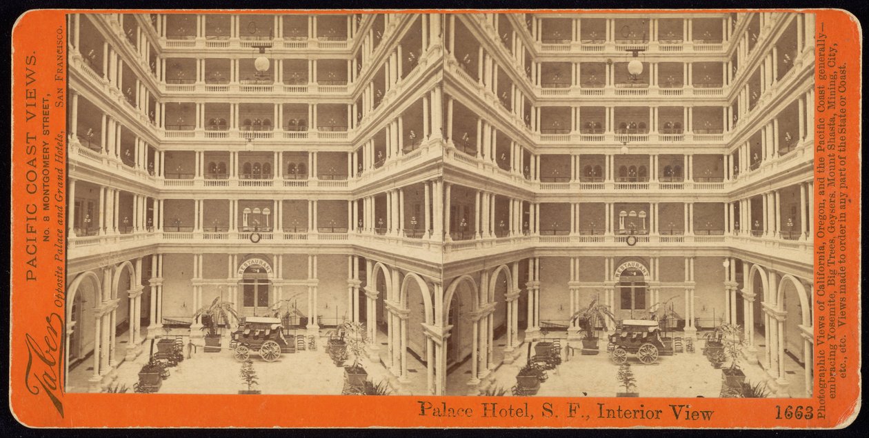 Palace Hotel, S.F., Pohled do interiéru od Carleton E. Watkins
