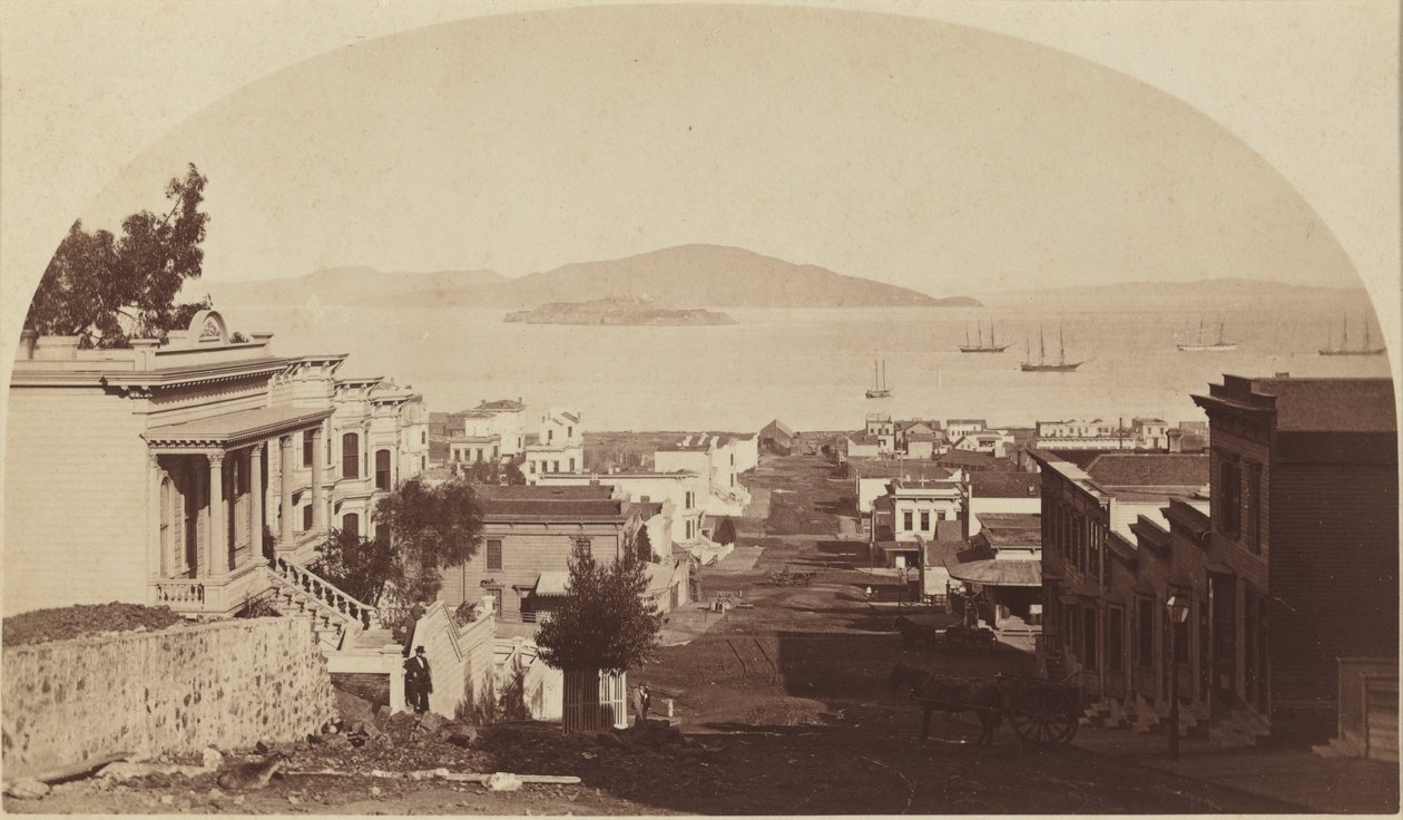 Ostrov Alcatraz a Sanfranciský záliv, pohled na sever, 80. léta 19. století (foto) od Carleton Emmons Watkins
