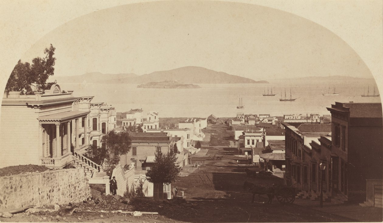 Ostrov Alcatraz a záliv San Francisco, pohled na sever, 80. léta 19. století. od Carleton Emmons Watkins