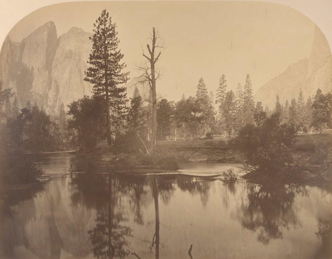 River View Down Valley, Cathedral Rock na levé straně, 1861. od Carleton Emmons Watkins